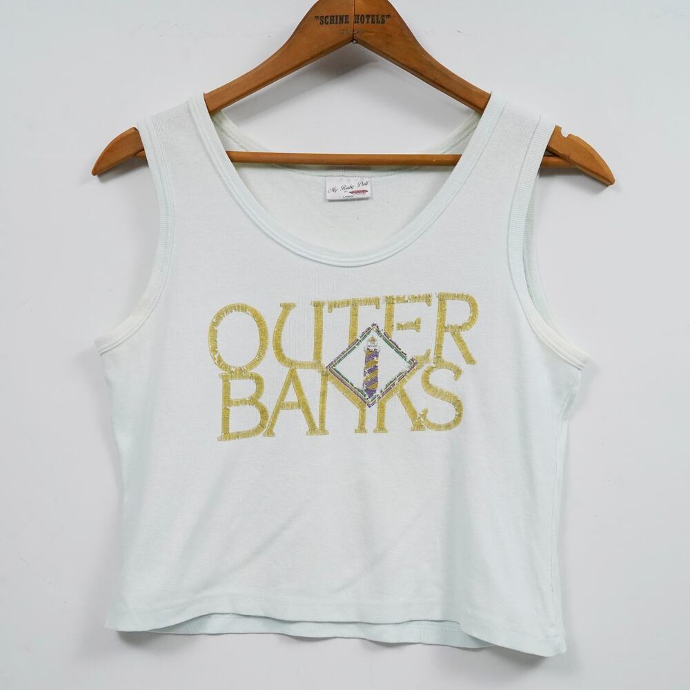 Vintage Outer Banks Cropped Tank Top Womens L Greenish White USA Graphic Tee